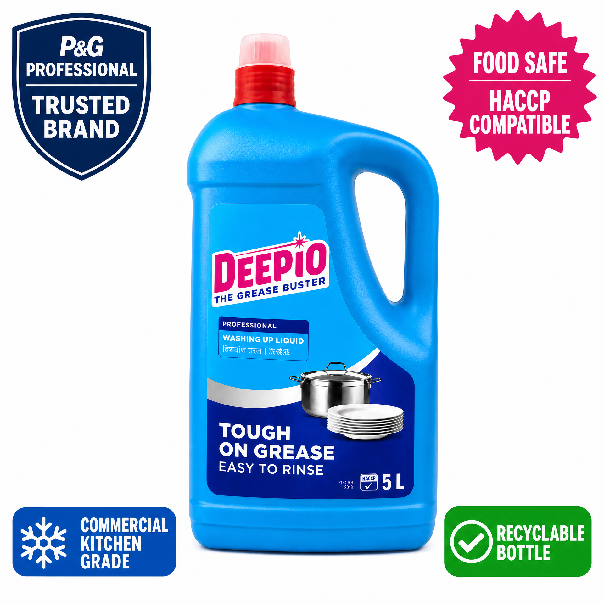 Deepio professional washing up liquid 5L bottle with label, designed to cut through grease and food-safe for dishwashing.