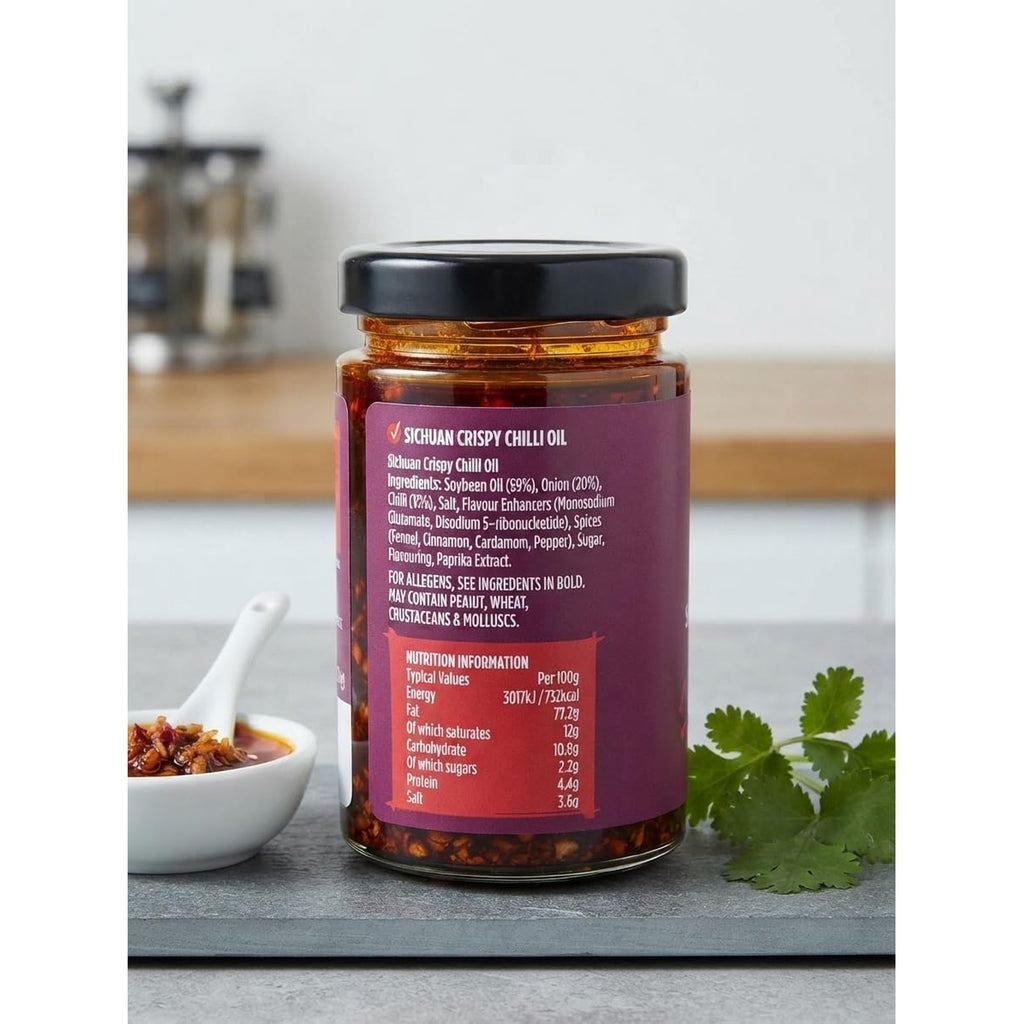 Tiger Tiger Chilli Crunch Sichuan crispy chilli oil in a 170g bottle, showcasing vibrant red oil with chili flakes and herbs.
