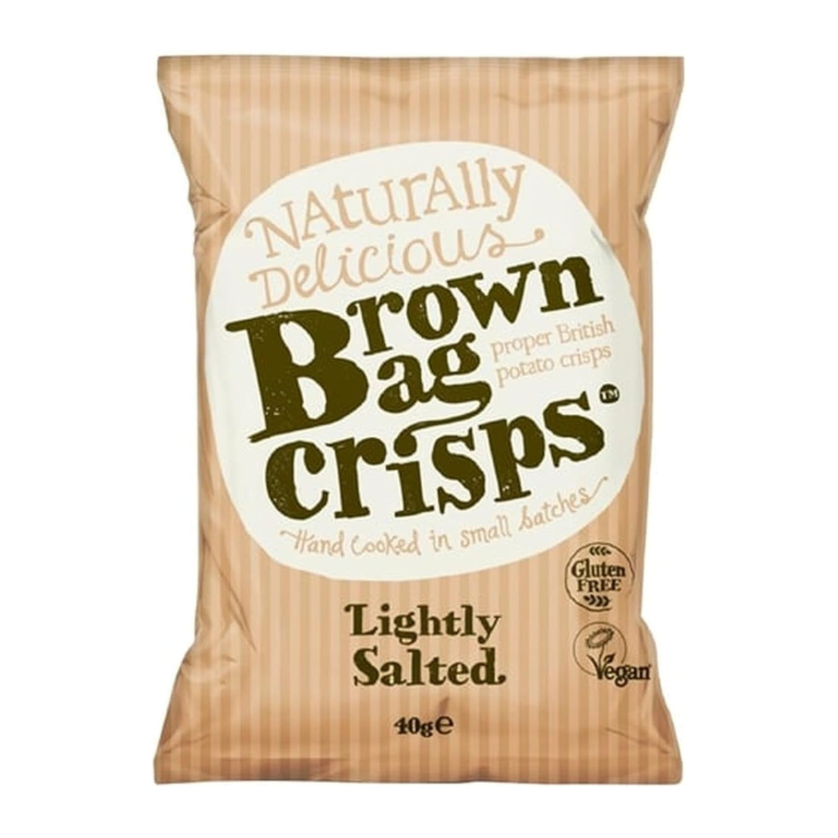 Brown Bag Lightly Salted Hand Cooked Crisps, 40g multipack, showing golden, crispy potato chips in a colorful bag.