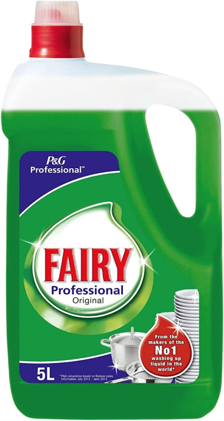 Fairy Professional Original Washing Up Liquid 5L bottle, clear label with blue and yellow design, for dishwashing and cleaning.