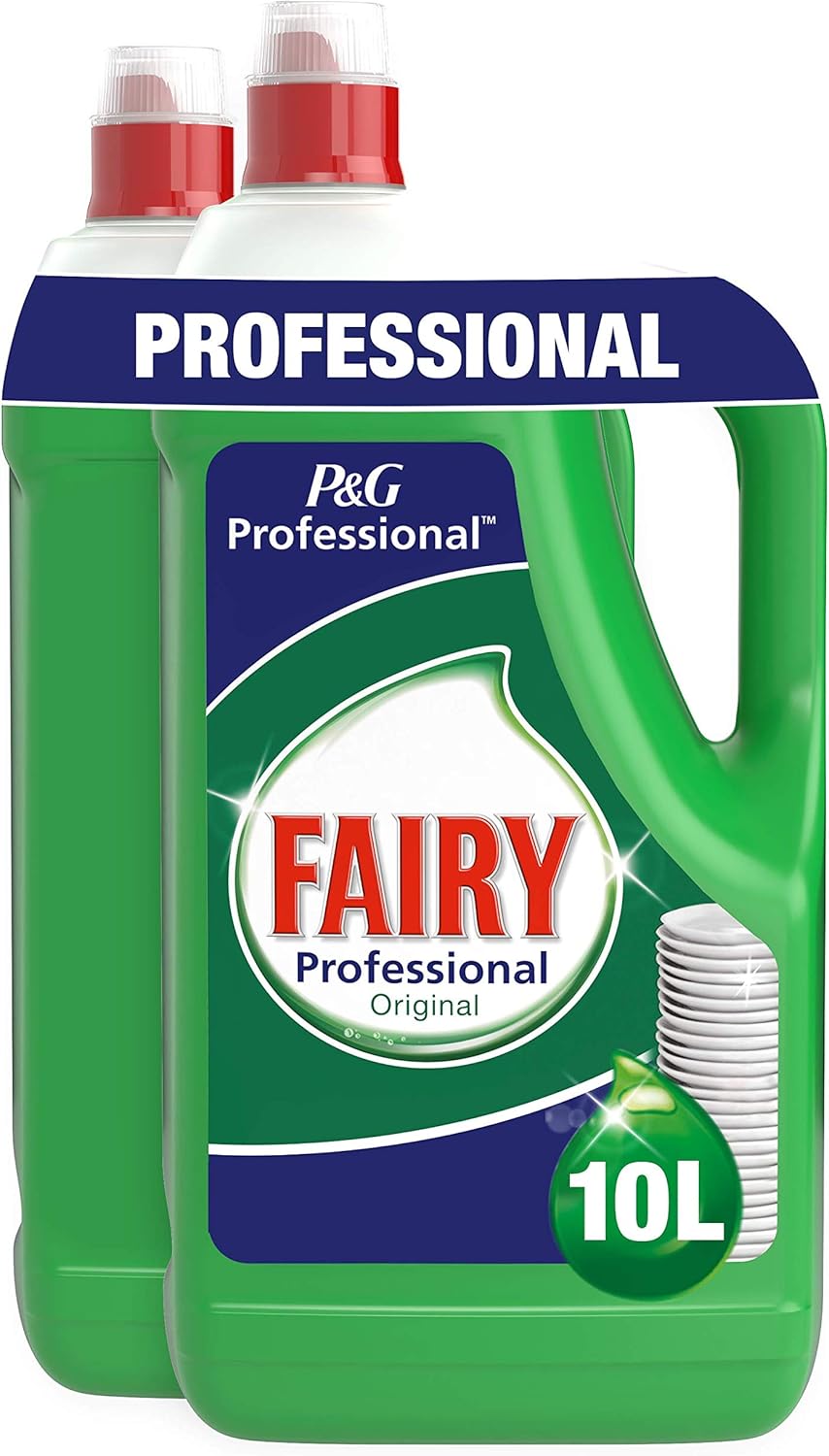 Two 5-liter bottles of Fairy Professional Original Washing Up Liquid, clear liquid dish soap in large plastic bottles.