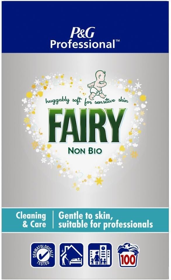Fairy Non-Bio Washing Powder 5.5kg, gentle on sensitive skin, for 100 washes, professional-strength laundry detergent.