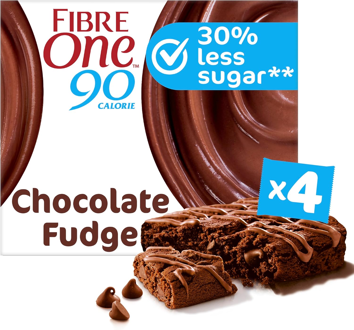 Fibre One Chocolate Fudge Brownie Bar, a high-fibre snack bar with 90 calories, shown in a package of four 24g bars.
