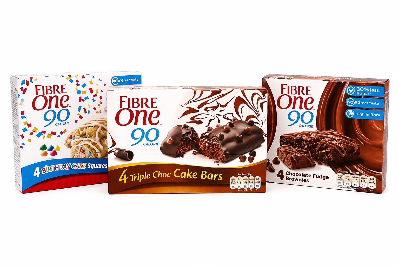 Fibre One Chocolate Fudge Brownie Bar, high-fibre snack with 90 calories, shown in a pack of four 24g bars.