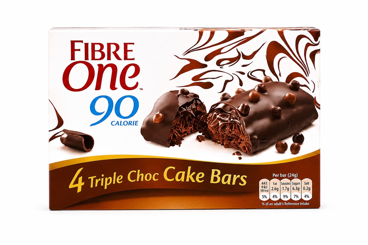 Fibre One Triple Chocolate Cake Bar 4x25g snack bars with rich chocolate and high fiber, 90-calorie high fiber snack option.
