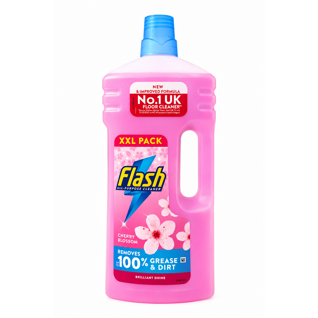 Flash All Purpose Cleaner Blossom & Breeze 2L bottle, multi-surface household cleaner with a floral scent, in a clear plastic container.