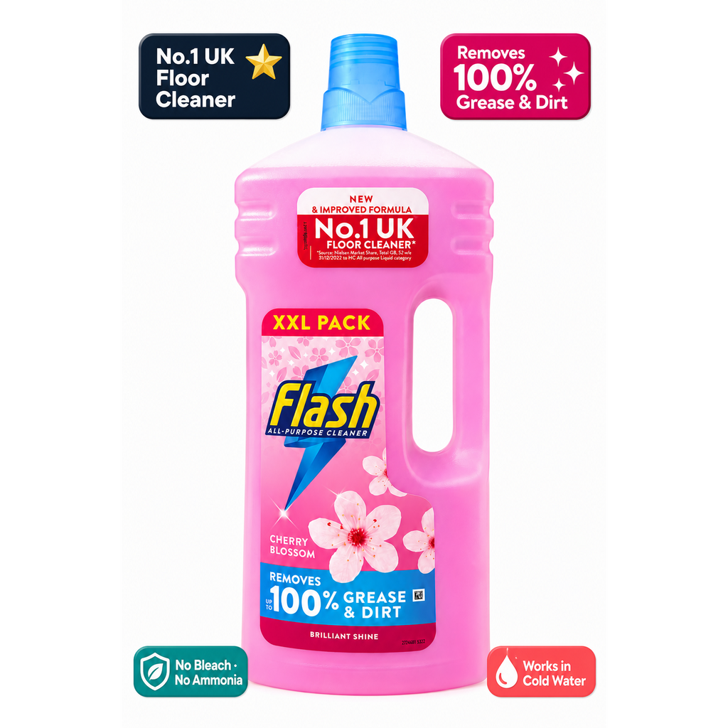 Flash All Purpose Cleaner Blossom & Breeze 2L bottle, multi-surface household cleaner with floral scent, ready for cleaning various surfaces.