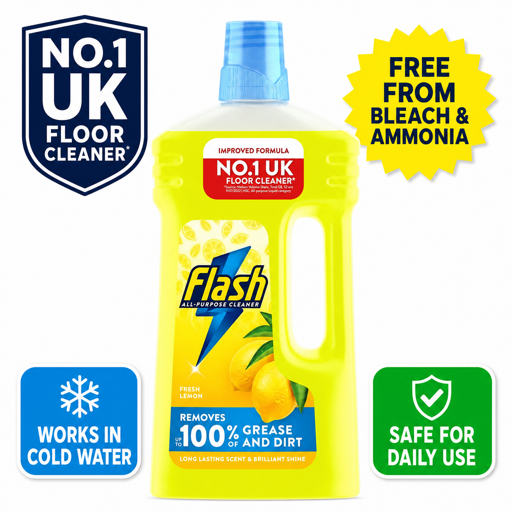 Flash All Purpose Cleaner Lemon 1L bottle with label showing multi-surface household cleaner for versatile cleaning.