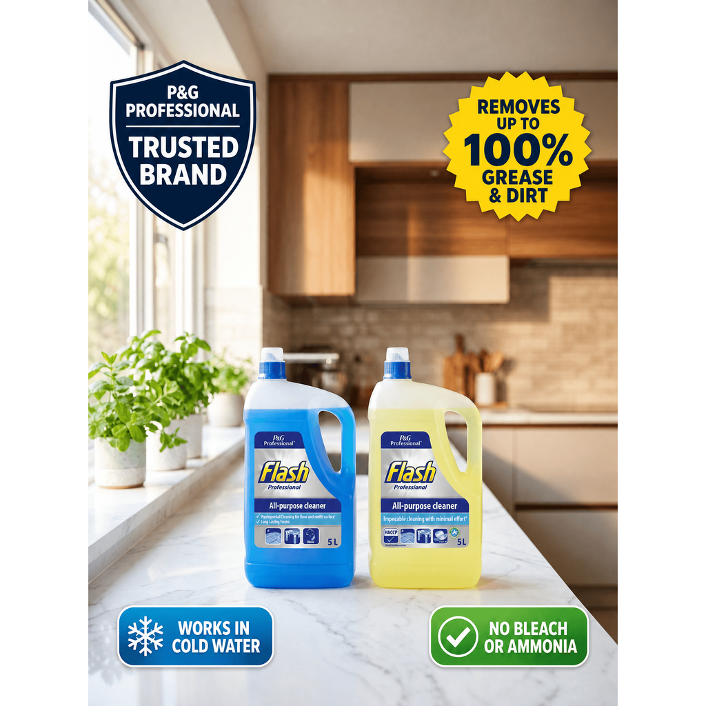Flash Professional All Purpose Cleaner 5L bottle with lemon scent, a multi-surface cleaning product from Flash.