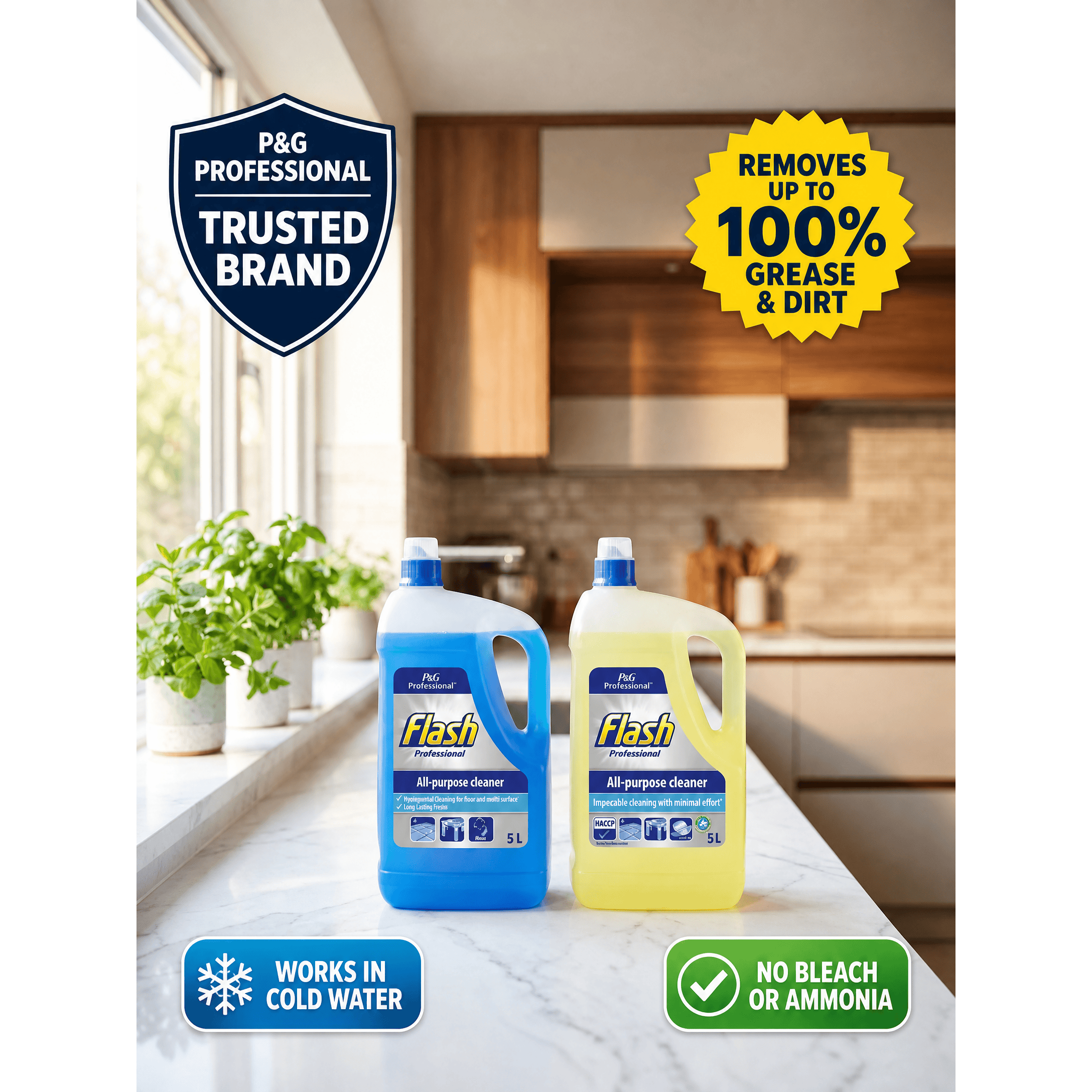Flash Professional All Purpose Cleaner 5L bottle with lemon scent, a multi-surface cleaning product from Flash.