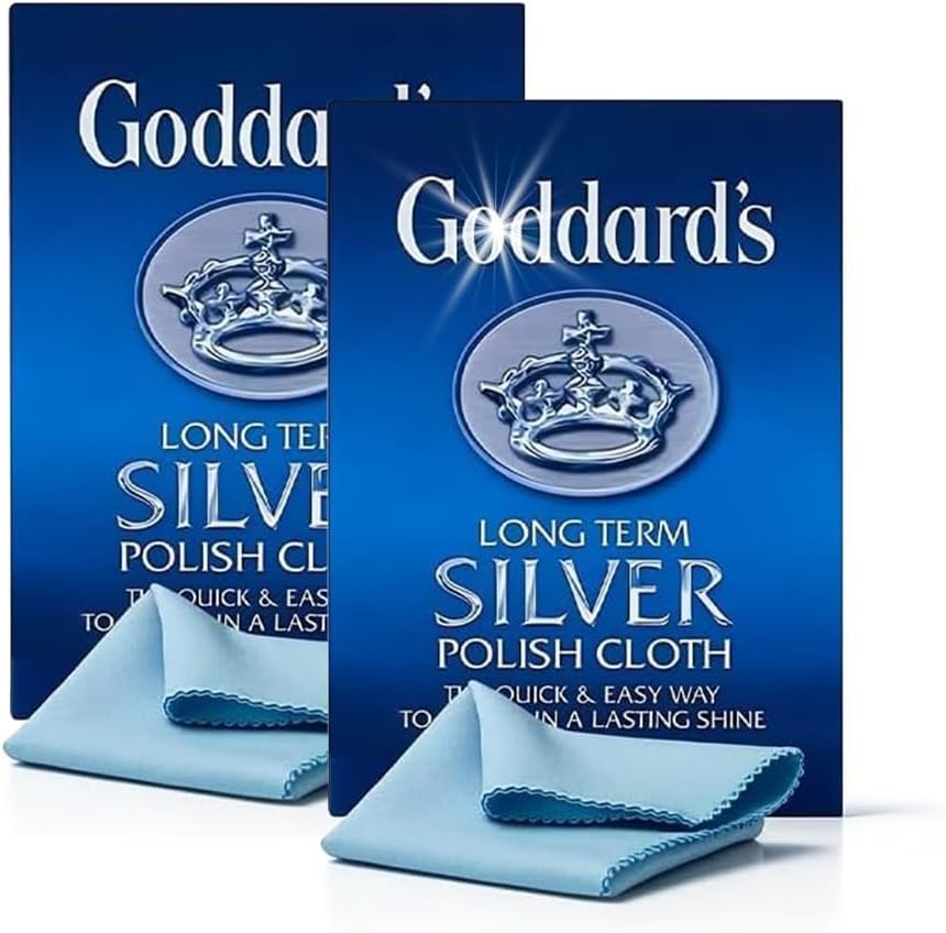 Two Goddard's Silver Polish Cloths for jewelry and silverware care, soft fabric designed to clean and polish silver items.
