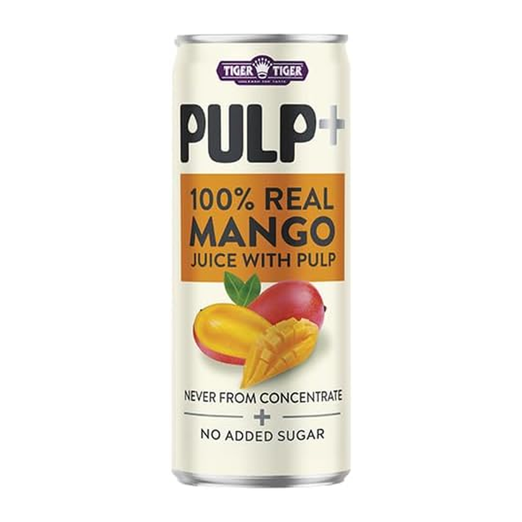 Tiger Tiger Mango Juice with Pulp 320ml bottle showing vibrant mango juice and pulp in a clear plastic bottle.