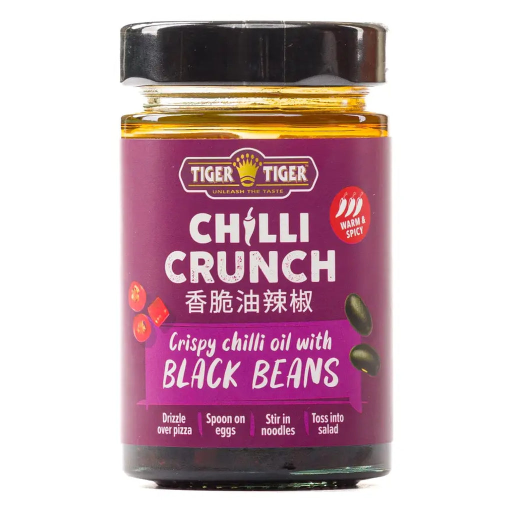 Tiger Tiger Chilli Crunch Sichuan crispy chilli oil in a 170g bottle, shown in a multipack with vibrant red chili flakes.