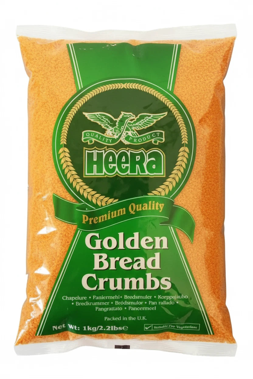 Heera Fine Breadcrumbs, golden dry baking breadcrumbs in 1kg and 3kg bags, ideal for coating and breading baked dishes.