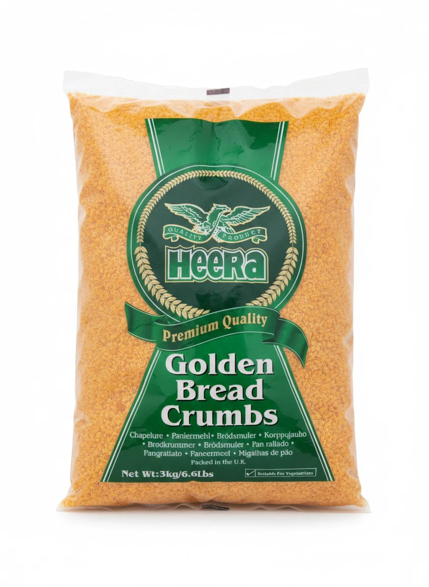 Heera Fine Breadcrumbs, golden dry baking ingredients in 1kg and 3kg packages, ideal for coating and breading.