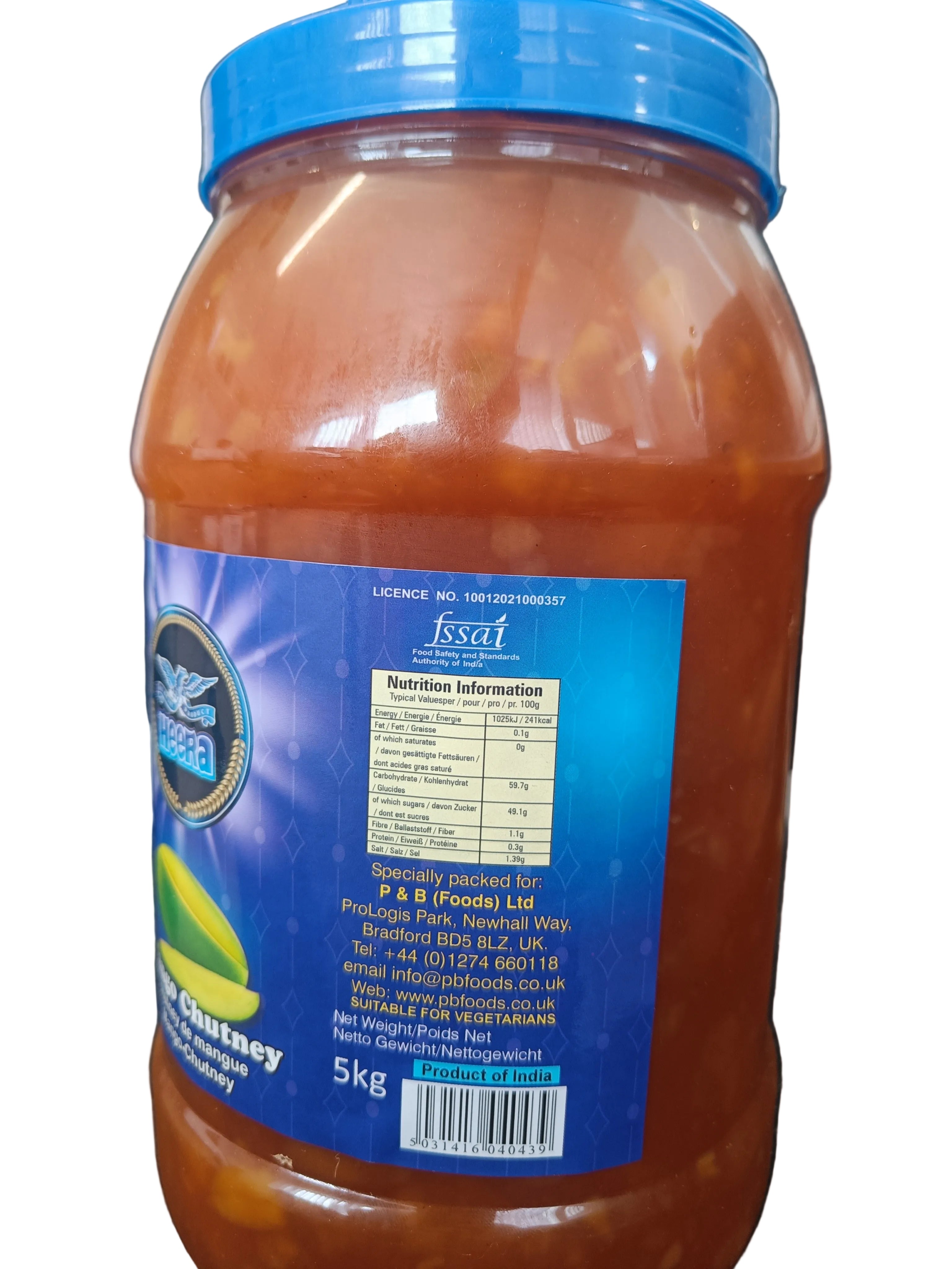 Heera Sweet Mango Chutney 5kg jar, a sweet and tangy condiment for curries, cheese boards, and snacks.