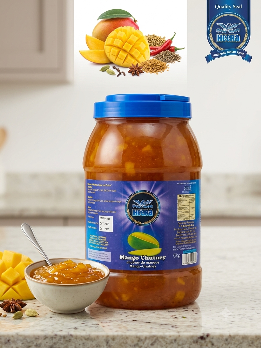 Heera Sweet Mango Chutney 5kg jar showing the label and large container, ideal for curries, cheeses, and dips in pickles and condiments.