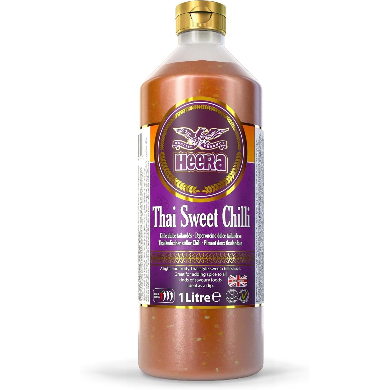 Heera Thai Sweet Chilli Sauce 1L bottle, ideal for dipping, marinades, and stir-fries, with red chili and sweet flavor visible.