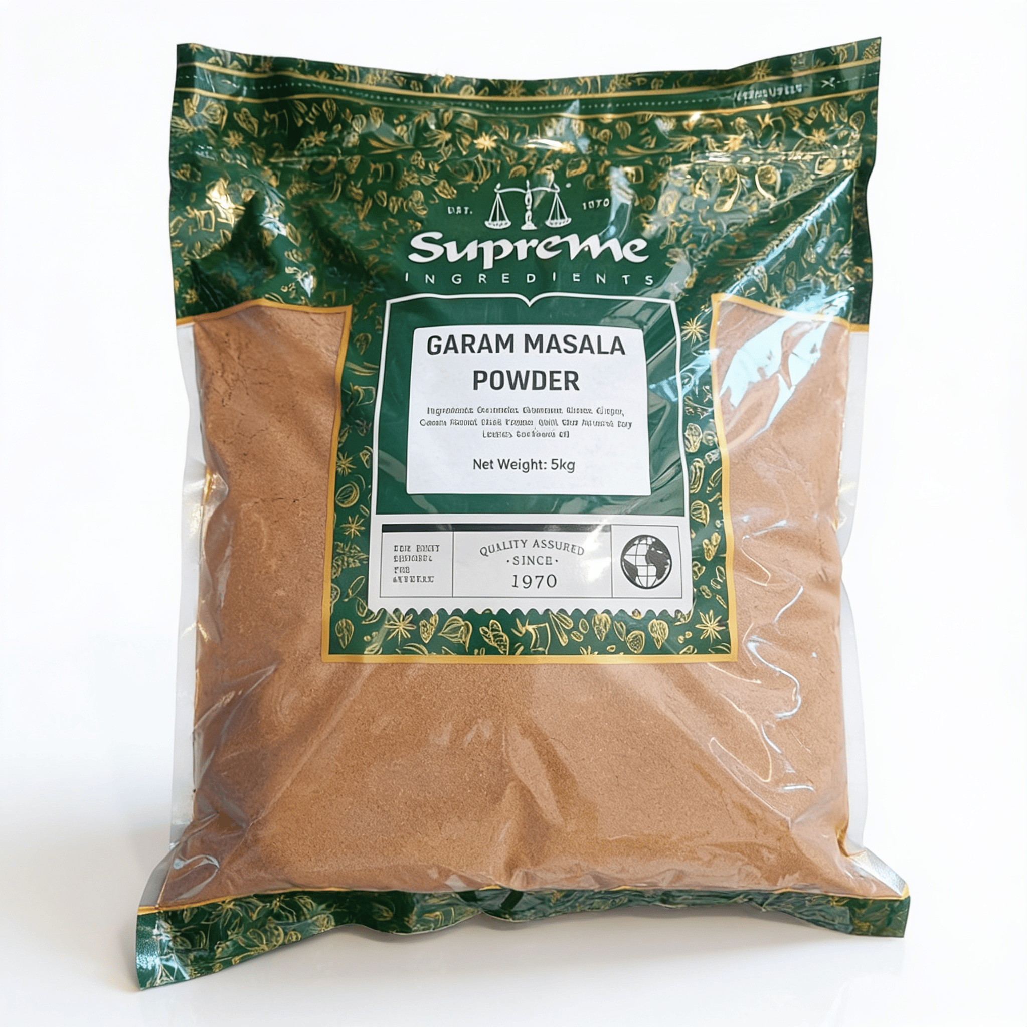 Heera Supreme Garam Masala Powder in 1kg and 5kg bulk packs, aromatic Indian spice blend for cooking and catering.