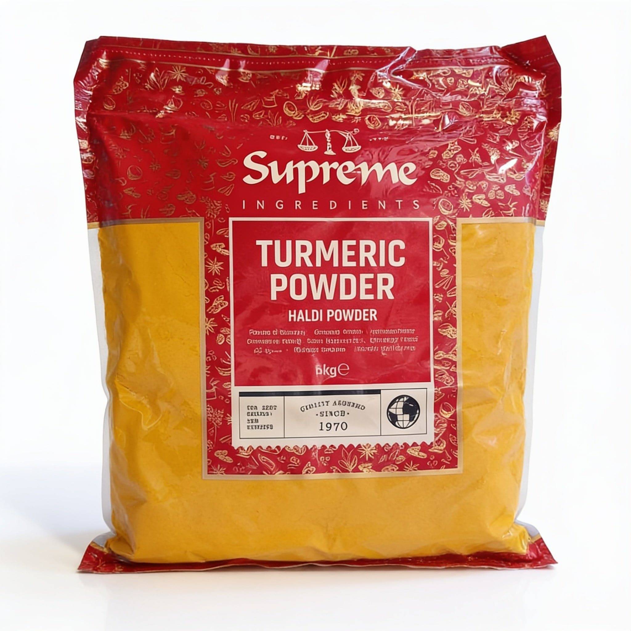 Supreme brand turmeric powder in a 5kg bulk container, premium ground turmeric spice for cooking and catering use.