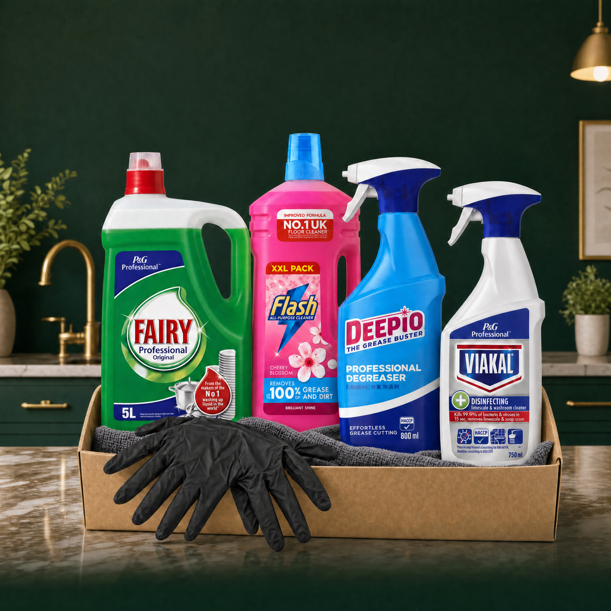Reign Goods kitchen cleaning starter bundle with cleaning supplies and gloves