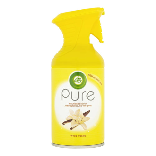 Air Wick Pure White Vanilla air freshener spray in 250ml bottle, shown in a multipack, designed to freshen indoor spaces.