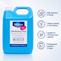 Milton Professional Sterilising Liquid 5L bottle, used for baby and surface sterilization, shown on a clean surface.
