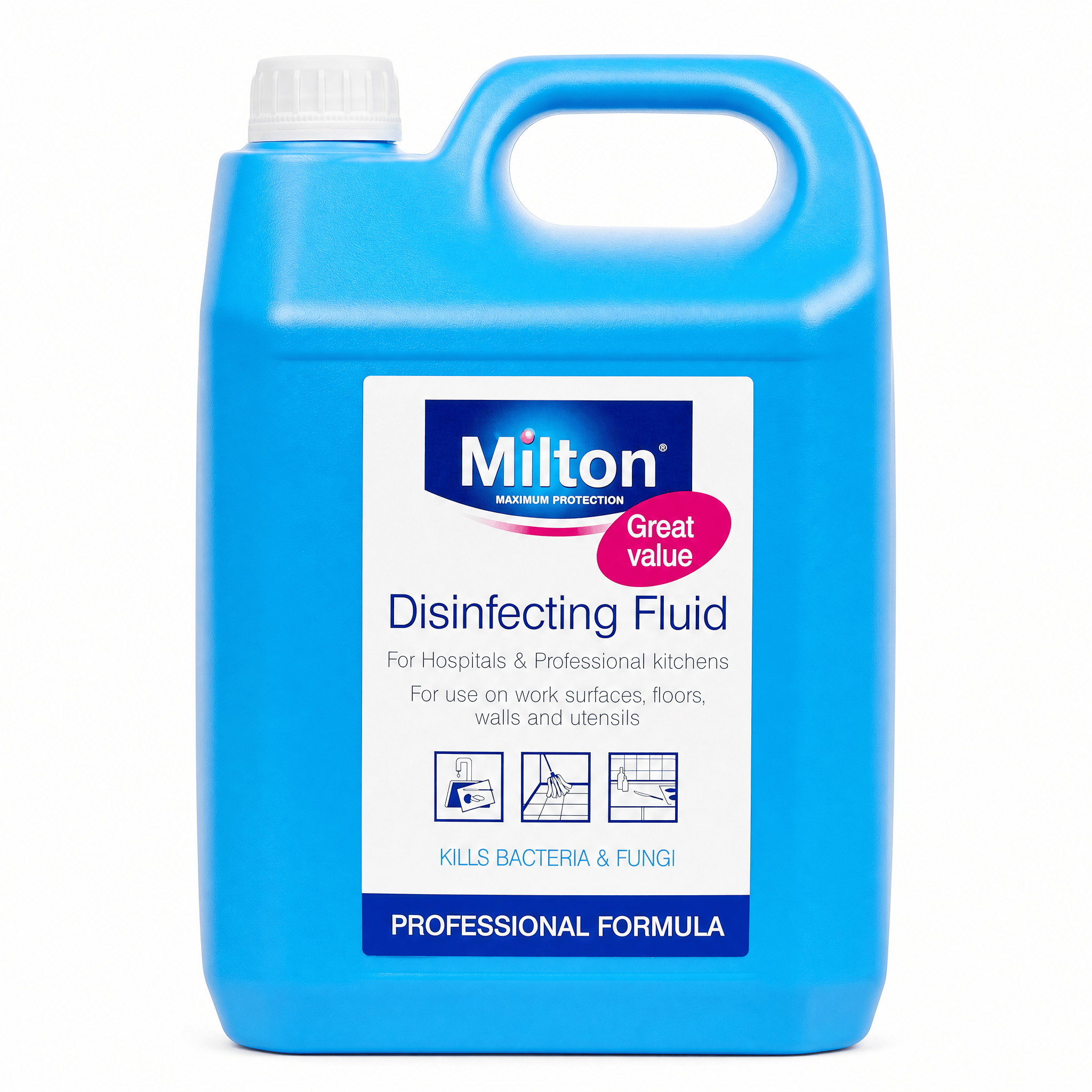 Milton Professional Sterilising Liquid 5L bottle, bulk sterilizer for baby and surface sterilization, with the product label visible.
