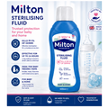 Milton Sterilising Fluid 500ml bottle for cold water baby sterilisation, with label and cap visible.