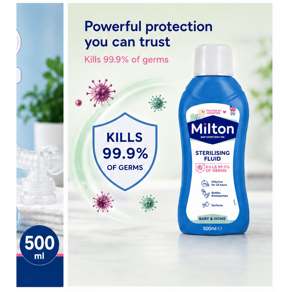 Milton Sterilising Fluid 500ml bottle for cold water baby sterilizer, with a focus on safe, effective sterilization.