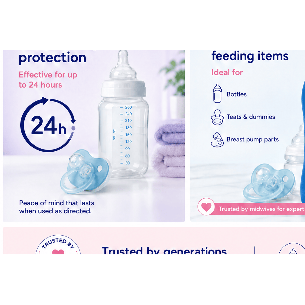 Milton Sterilising Fluid 500ml bottle for cold water baby steriliser, clear liquid in a transparent plastic container