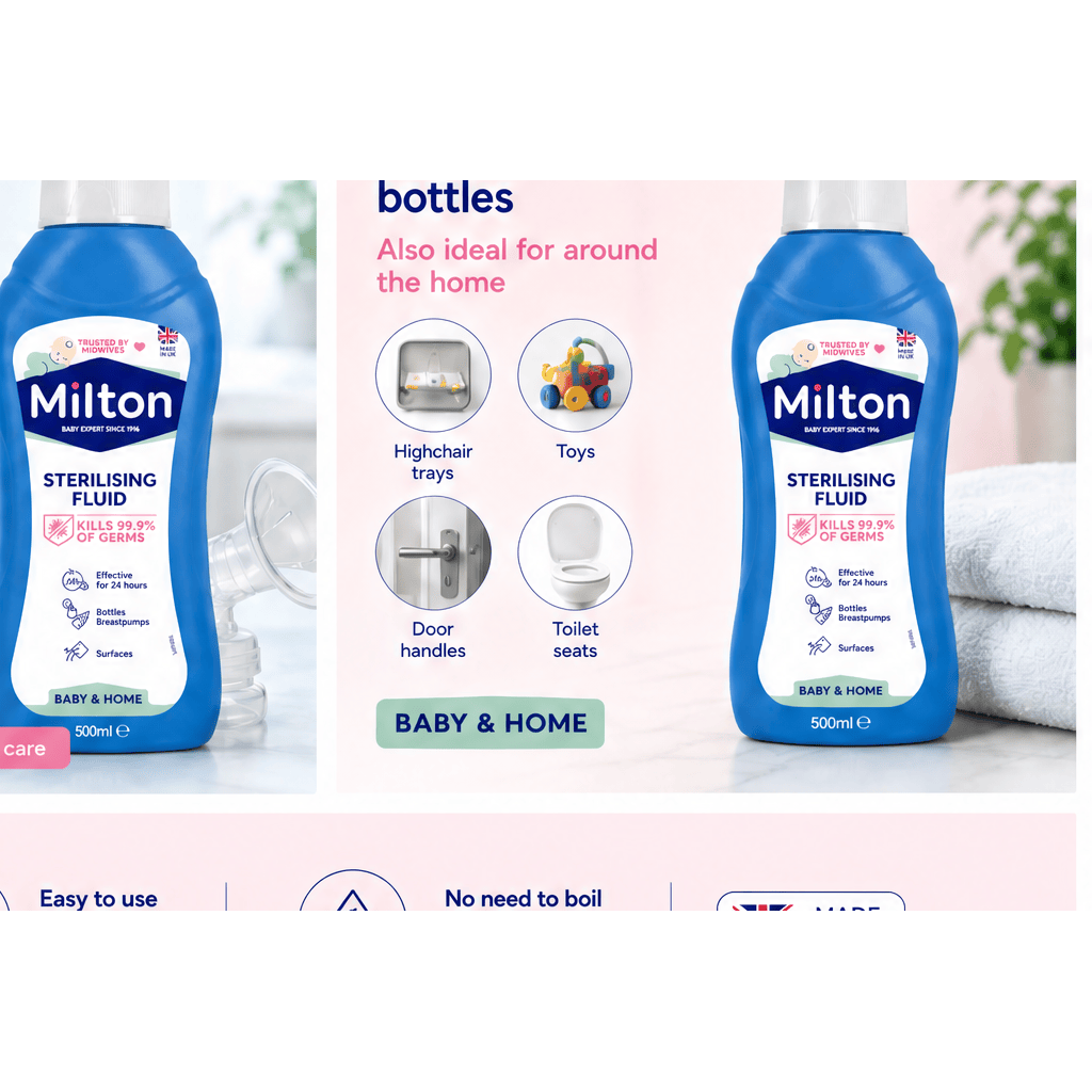 Milton sterilising fluid 500ml bottle for cold water baby steriliser, with a clear label and cap, suitable for sterilizing baby bottles.