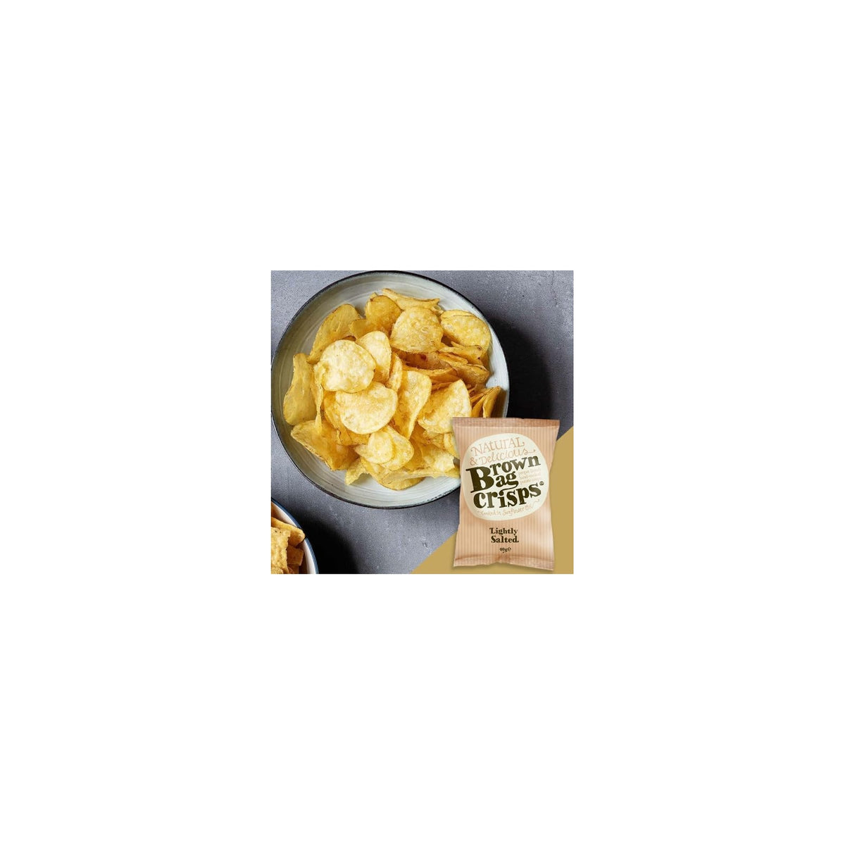 Brown Bag Lightly Salted Hand Cooked Crisps in 40g multipack, showing golden-brown, textured crisps in a clear bag.