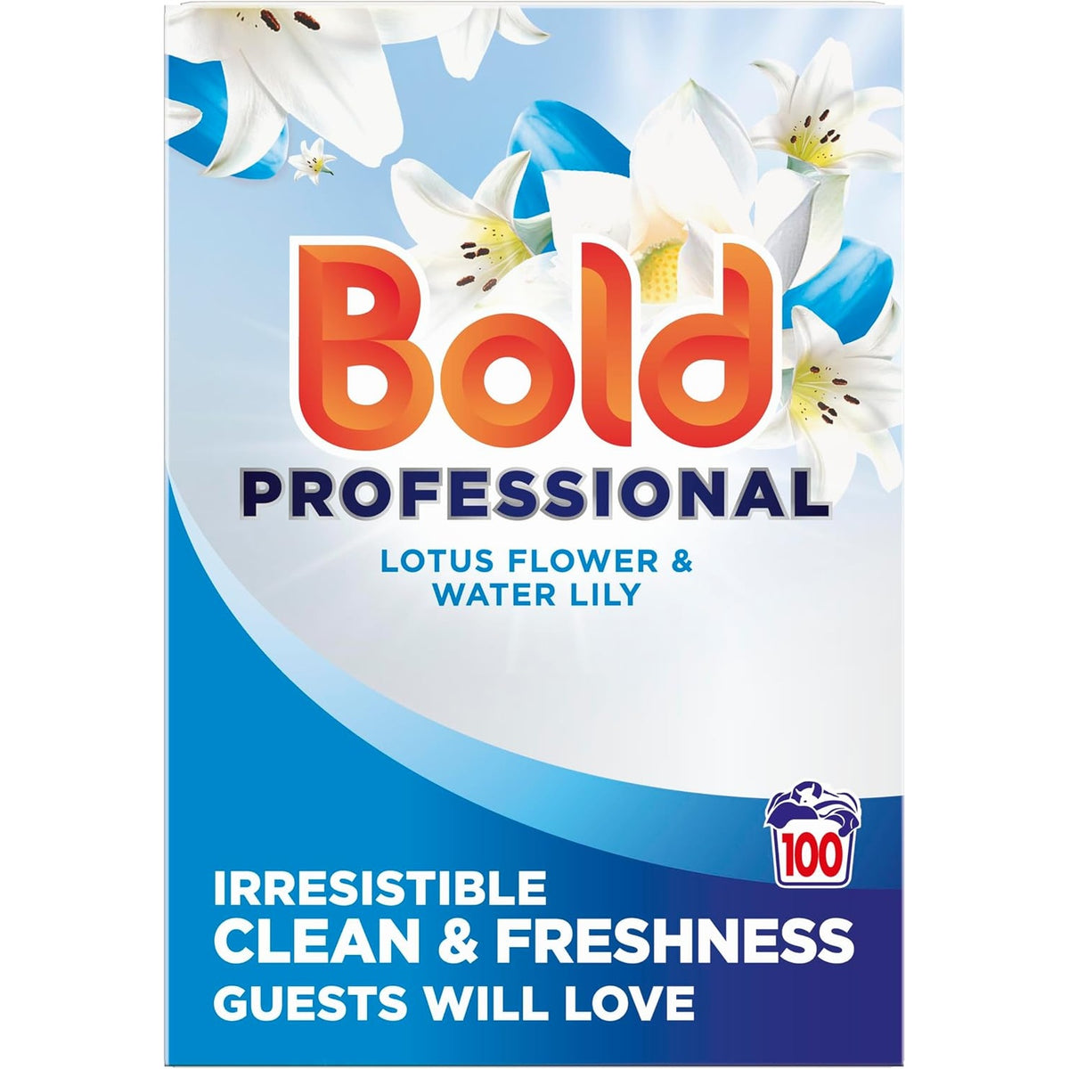 Bold Professional washing powder with lotus flower and water lily scent in a 5.5kg pack, suitable for 100 washes.