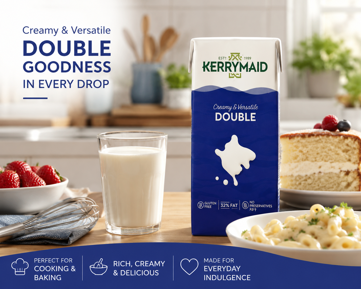 KerryMaid UHT Double Cream 1L, long-life dairy and whipping cream in a plastic bottle, available in packs of 1 to 12.