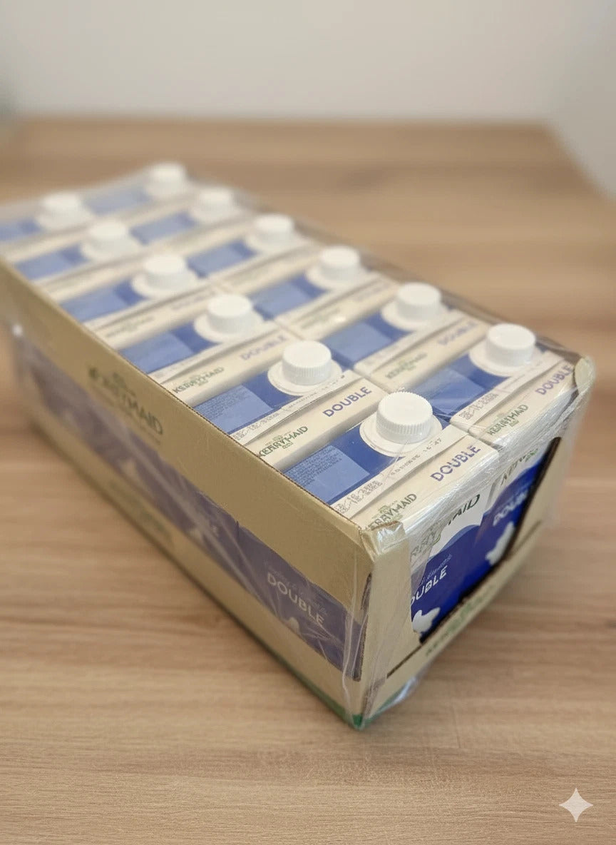 KerryMaid UHT Double Cream 1L bottle, long-life dairy cream for cooking and whipping, shown in a pack of 12 bottles.