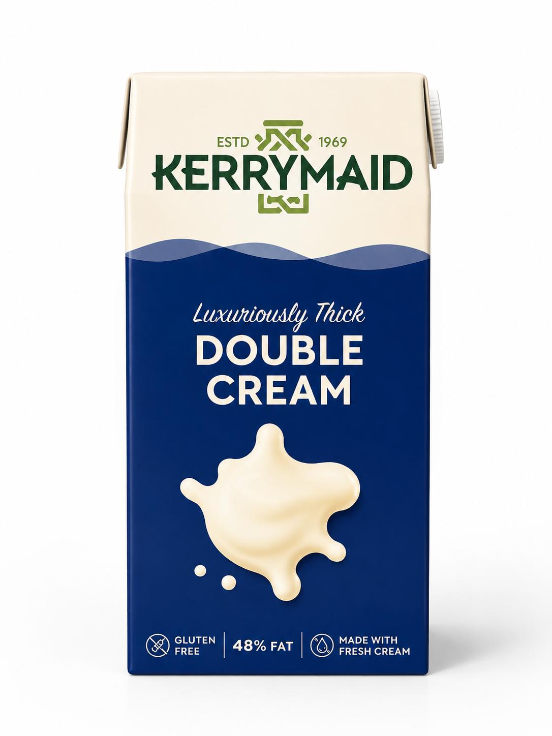 KerryMaid UHT Double Cream 1L carton, long-life dairy and whipping cream, displayed in a pack of 12 containers.