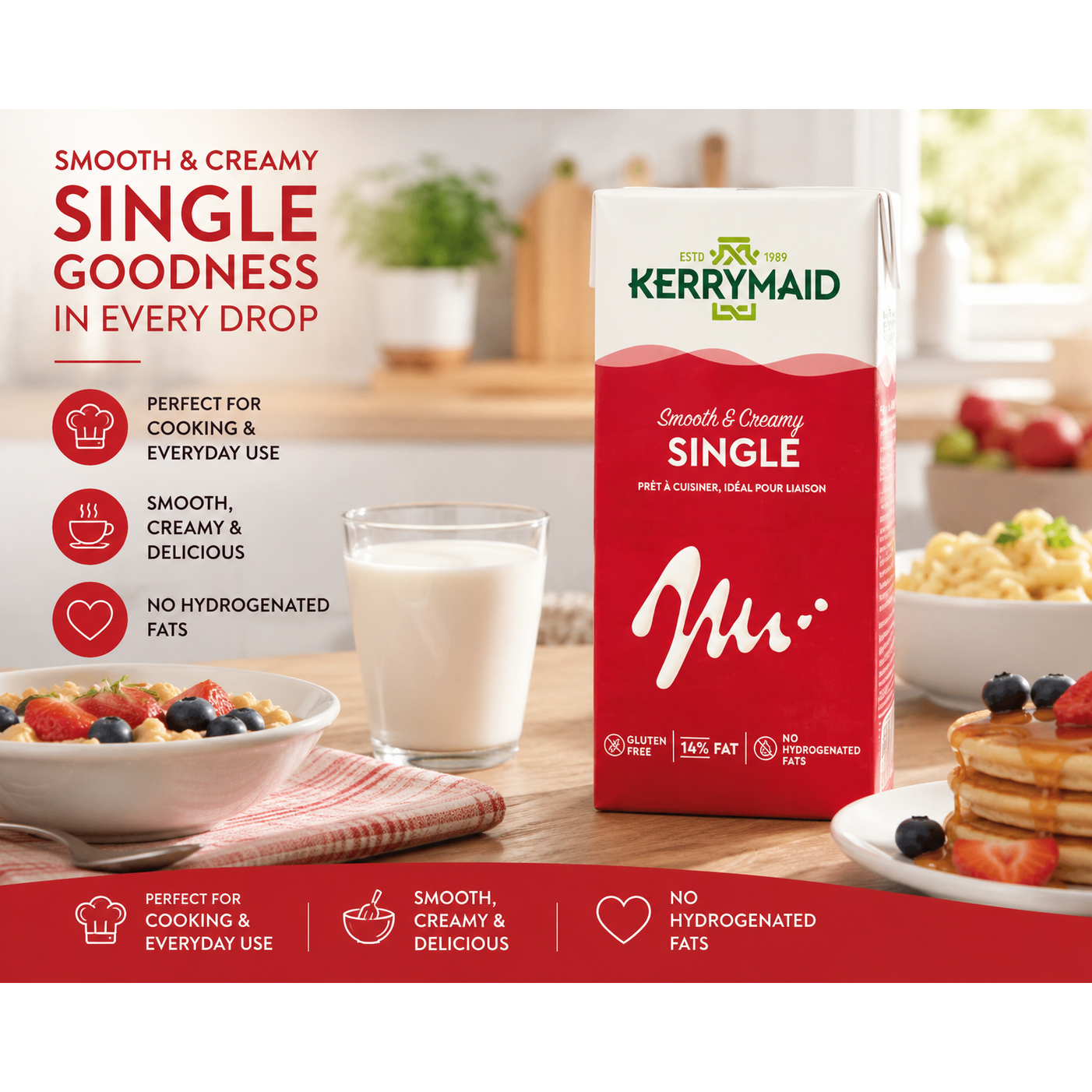 KerryMaid UHT single cream 1L in a carton, versatile dairy cream for pouring and cooking, long-life and easy to store.
