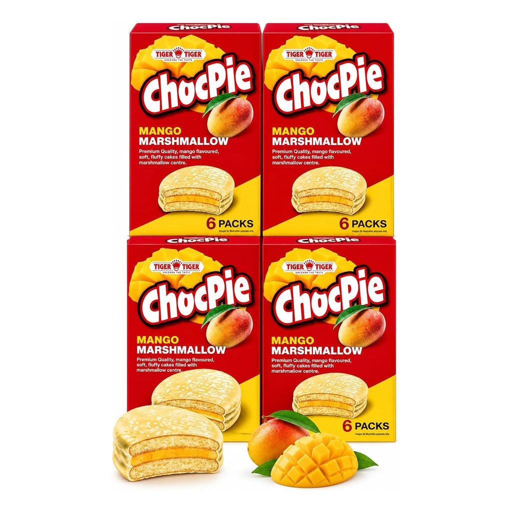 Tiger Tiger ChocPie marshmallow snack cakes in original, mango, and cheesecake flavors, 150g multipack, featuring soft marshmallow filling.