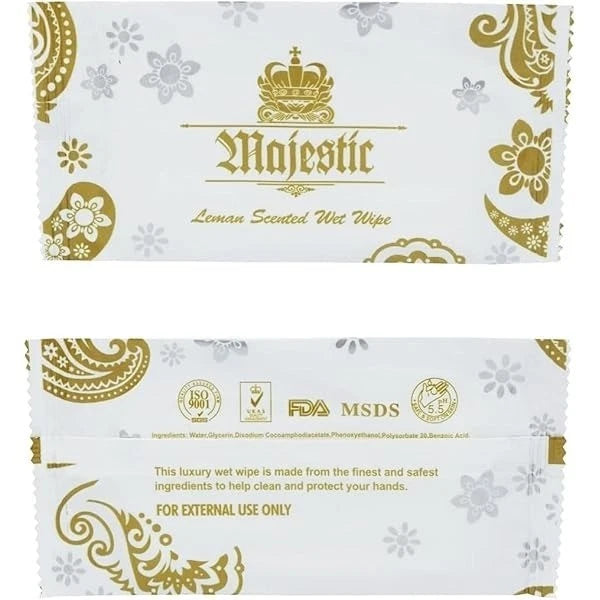 Large Lemon Wet Wipes by Majestic, pack of 50, individually wrapped catering supplies with fresh, zesty lemon scent for cleaning.