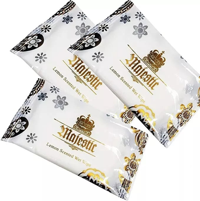 Large Lemon Wet Wipes by Majestic, pack of 50 individually wrapped catering supplies, fresh zesty lemon scent for cleaning.
