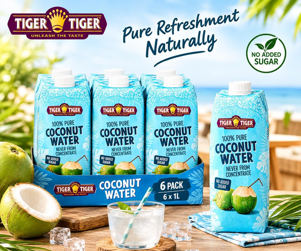 Fresh Tiger Tiger 100% pure coconut water in a 1-liter bottle, showcasing the transparent liquid and vibrant branding.