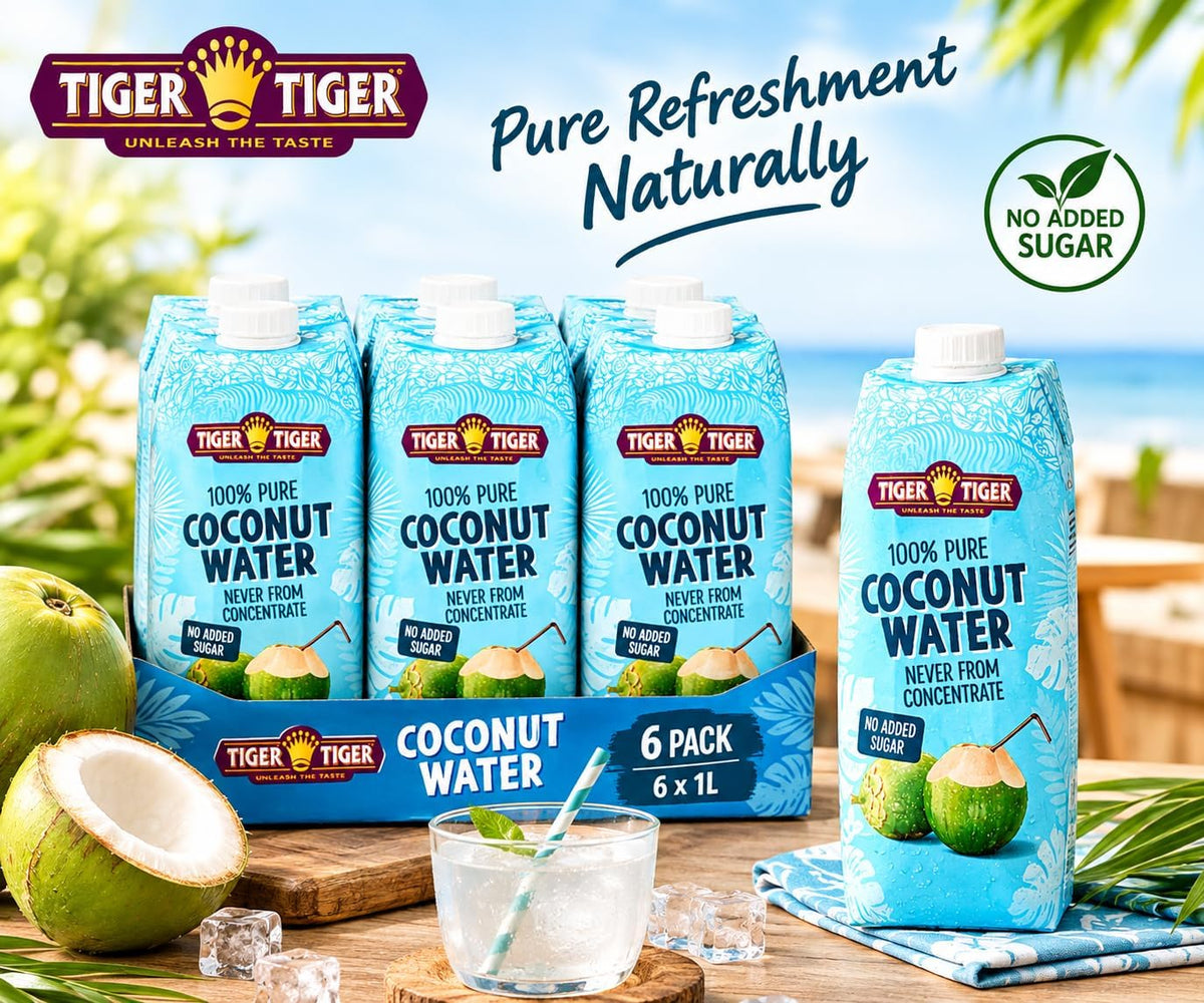 Fresh Tiger Tiger 100% pure coconut water in a 1-liter bottle, showcasing the transparent liquid and vibrant branding.