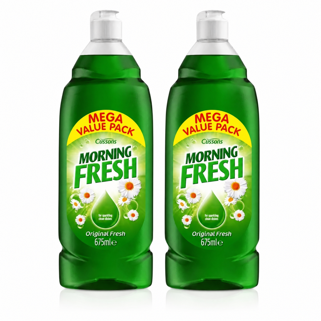 Morning Fresh Original Washing Up Liquid in a pack of 2 bottles, 675ml each, with bright label design and clear liquid inside.