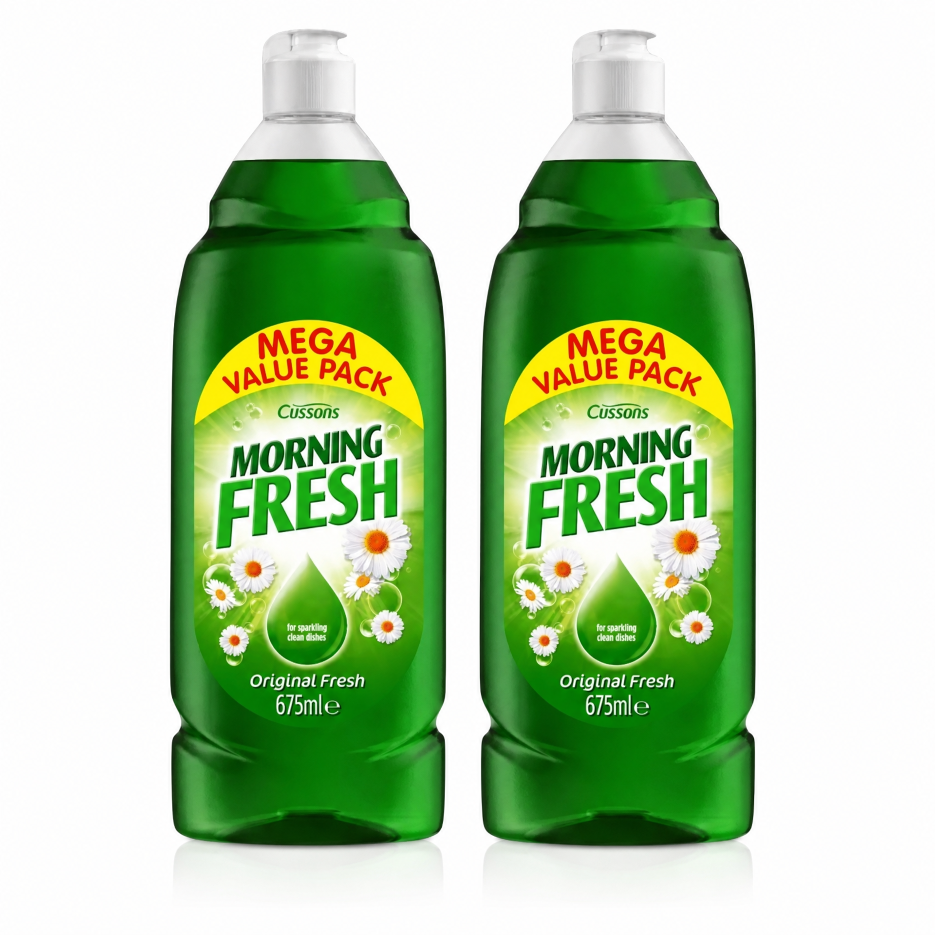 Morning Fresh Original Washing Up Liquid in a pack of 2 bottles, 675ml each, with bright label design and clear liquid inside.