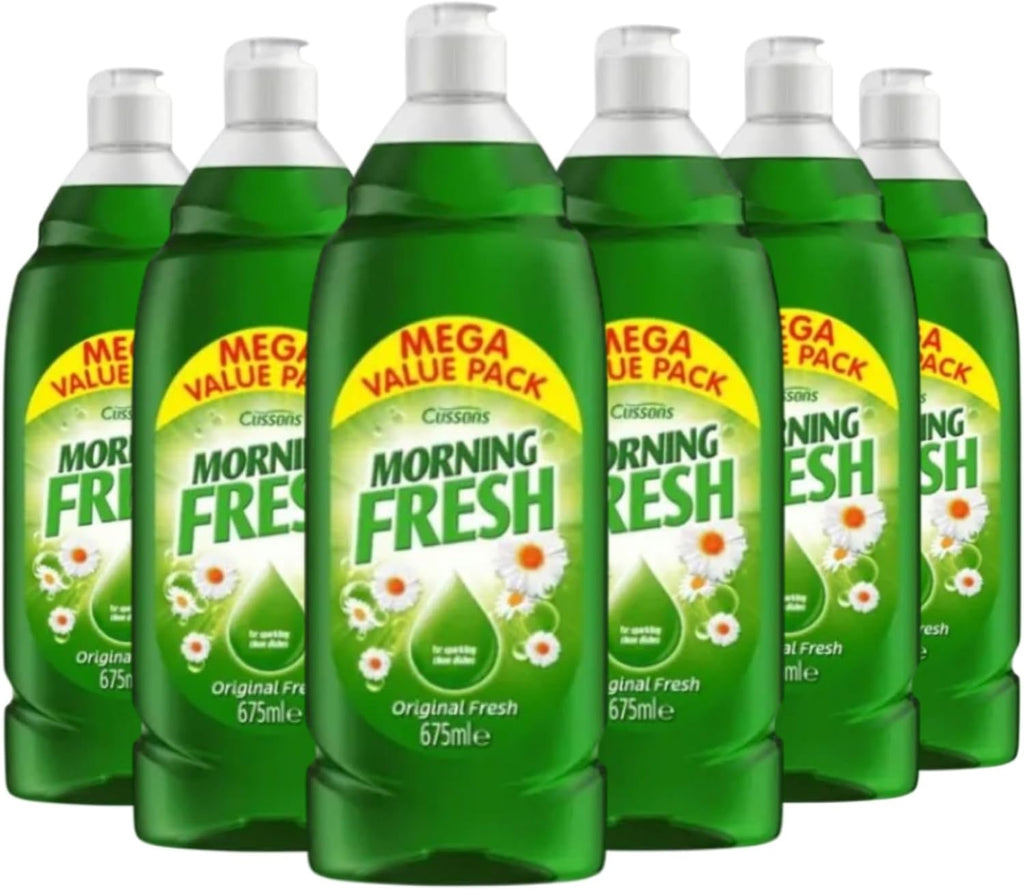Six bottles of Morning Fresh Original Washing Up Liquid in 675ml bottles, stacked together for dishwashing cleaning.