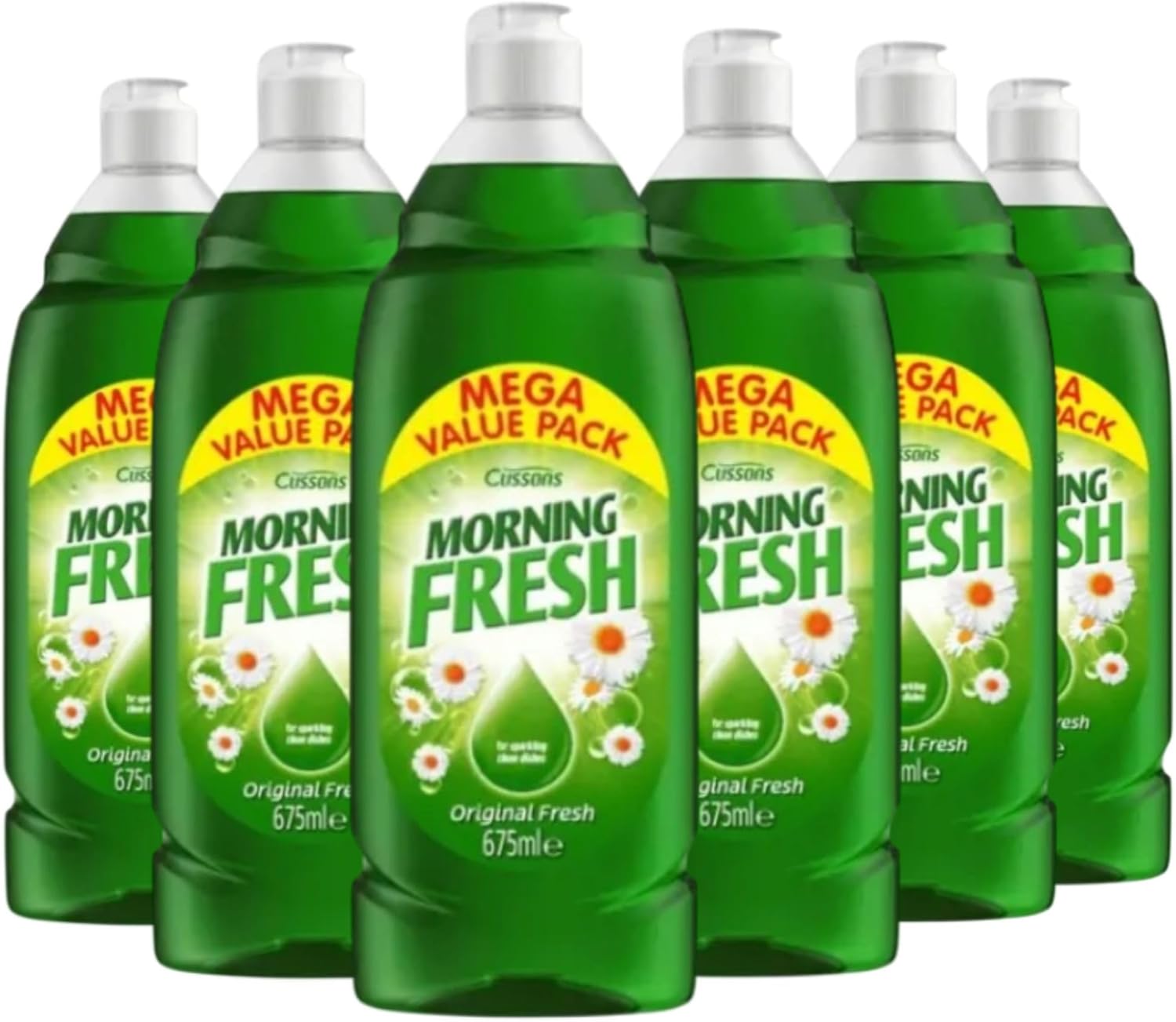 Six bottles of Morning Fresh Original Washing Up Liquid in 675ml bottles, stacked together for dishwashing cleaning.