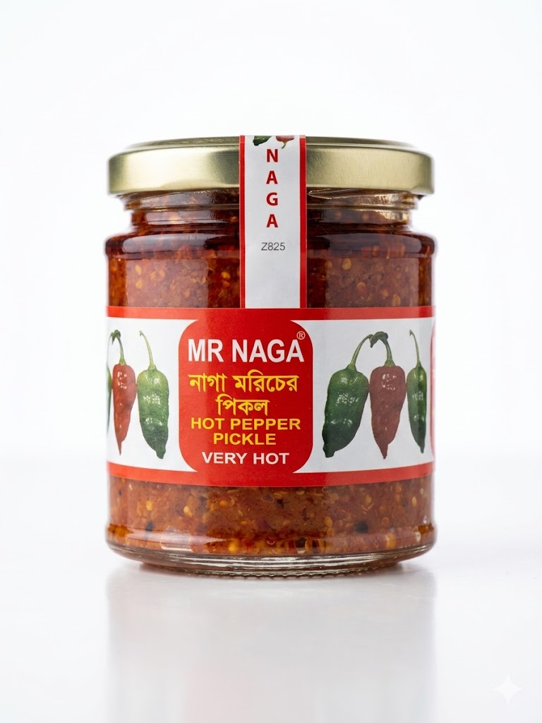 Mr Naga Very Hot Chilli Pepper Pickle 190g with ghost chilli, in a glass jar, showcasing vibrant red peppers and spicy sauce.