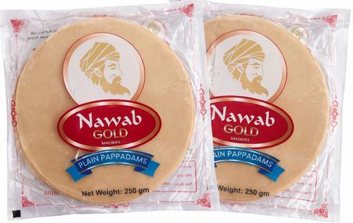 Authentic Nawab Pappadoms snack package showing two 250g bags of crispy Indian poppadoms from Nawab brand.