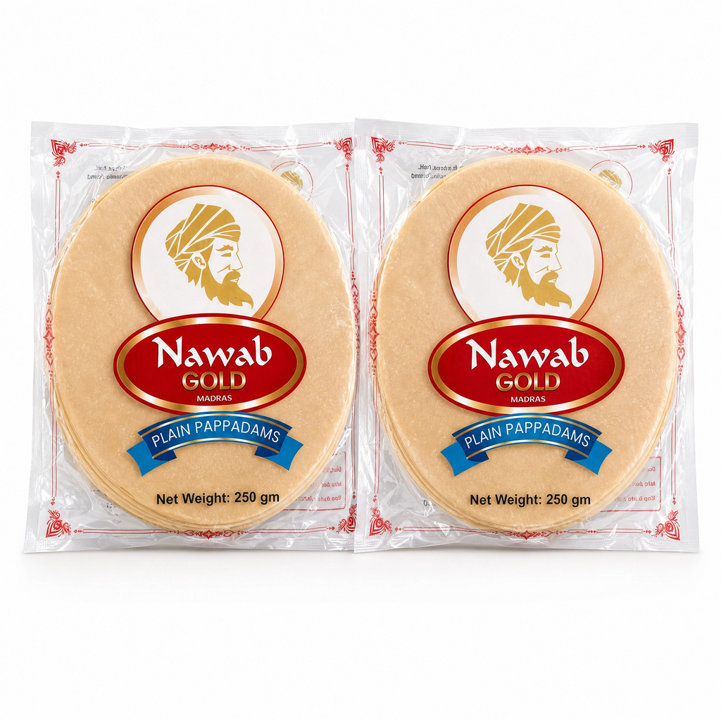 Authentic Nawab Pappadoms, crispy Indian snacks in 2 packs of 250g each, featuring traditional Poppadoms from Nawab brand.